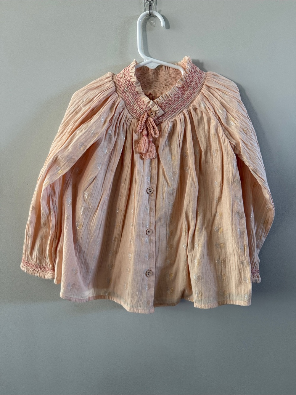 Peek Peach Smocked Tassel Button Blouse